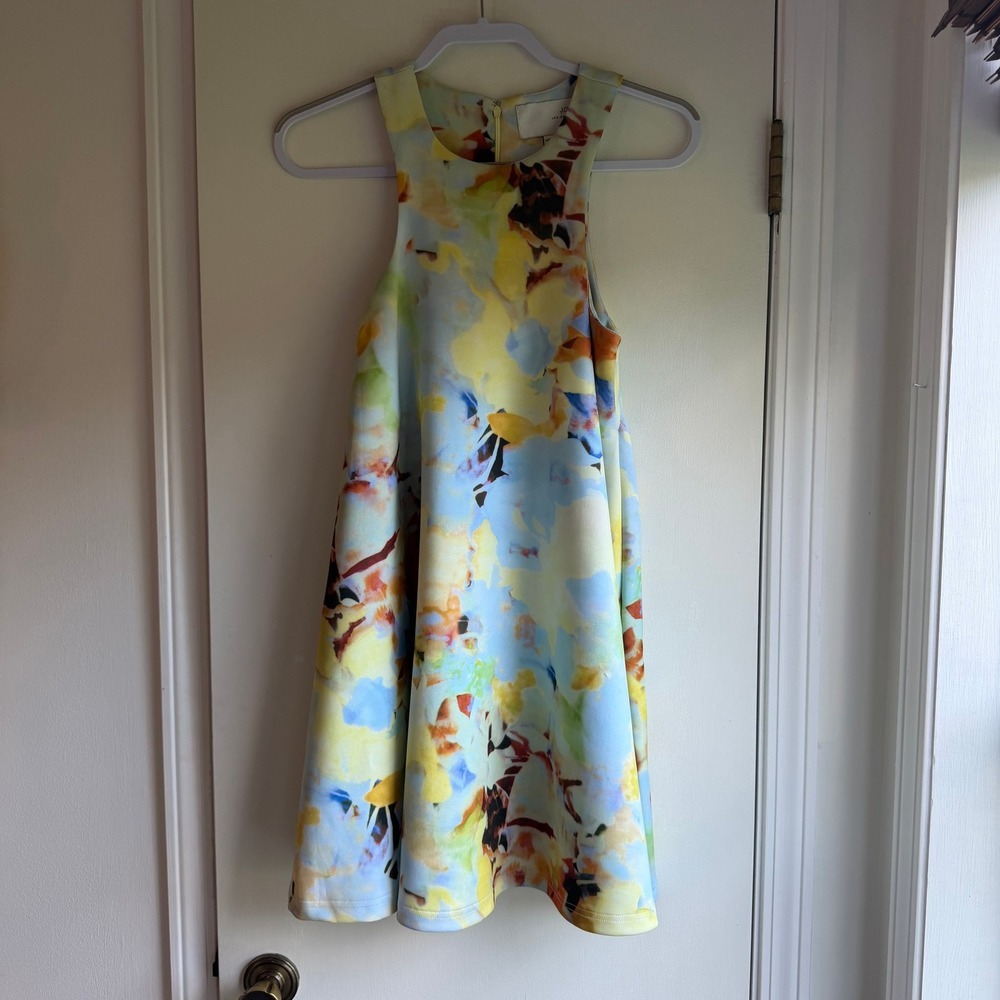 JOA Los Angeles Abstract Floral Trapeze Dress Yellow Blue Multi Pockets Medium